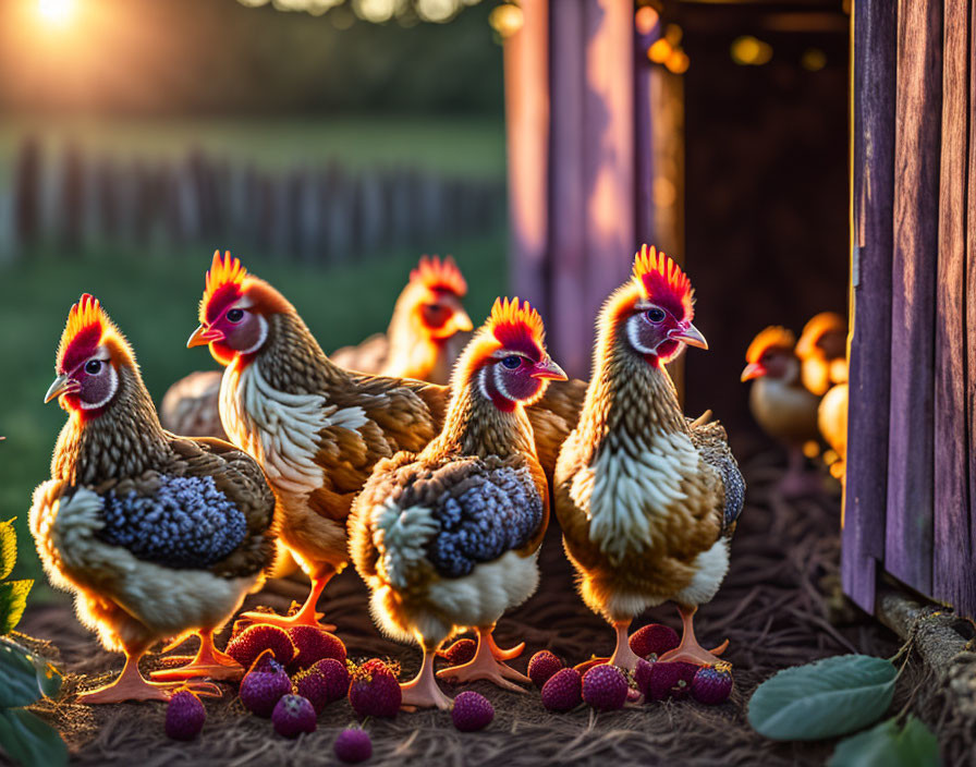 Reddish and Speckled Chickens Near Coop at Sunset