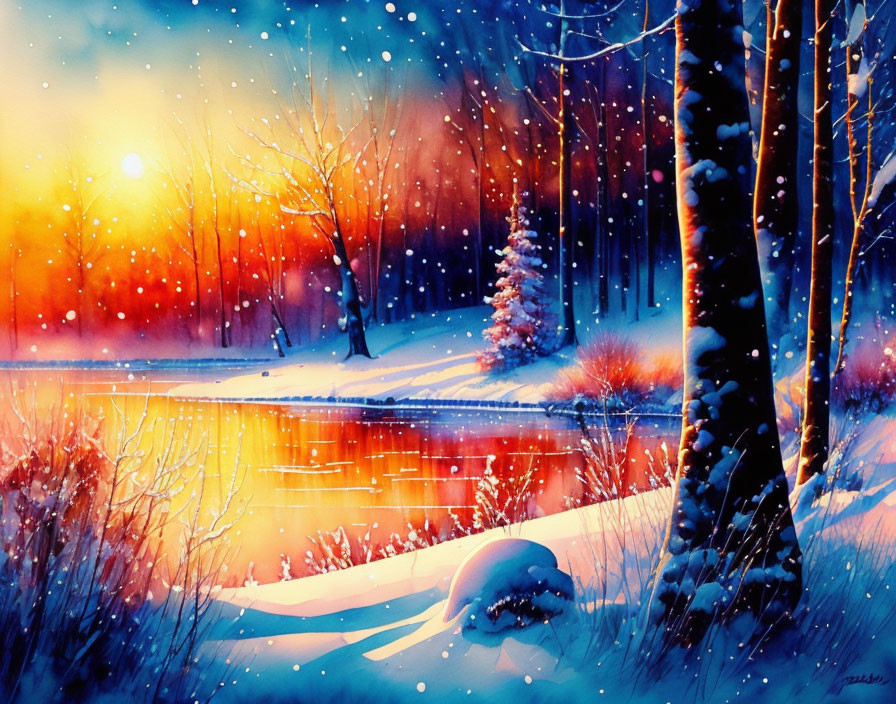 Winter Watercolor Painting: Snowy Scene with Sunset, Bare Trees, River, Snowflakes