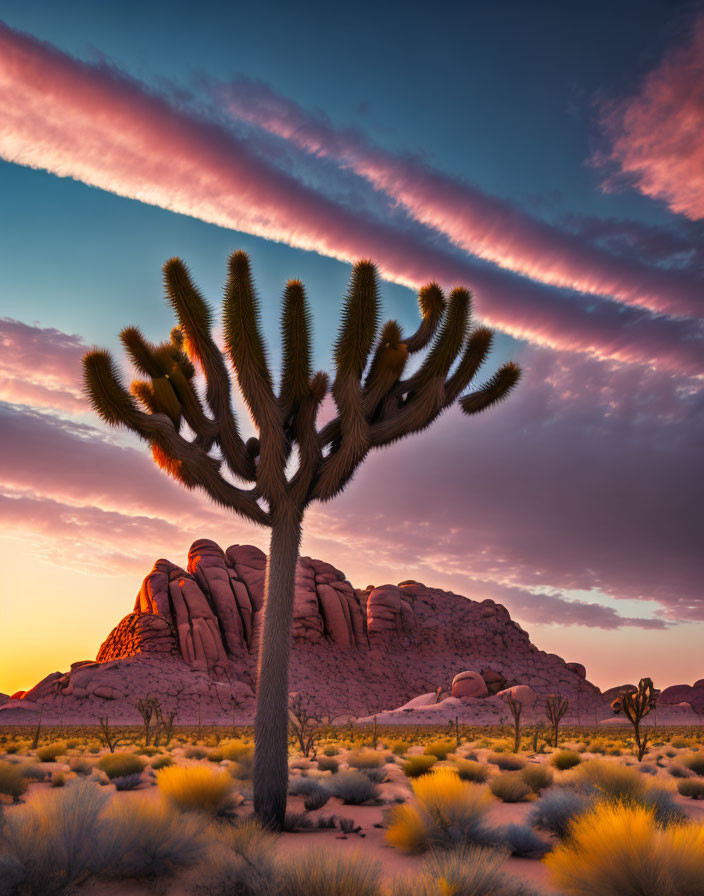 Desert landscape with Joshua tree at sunset