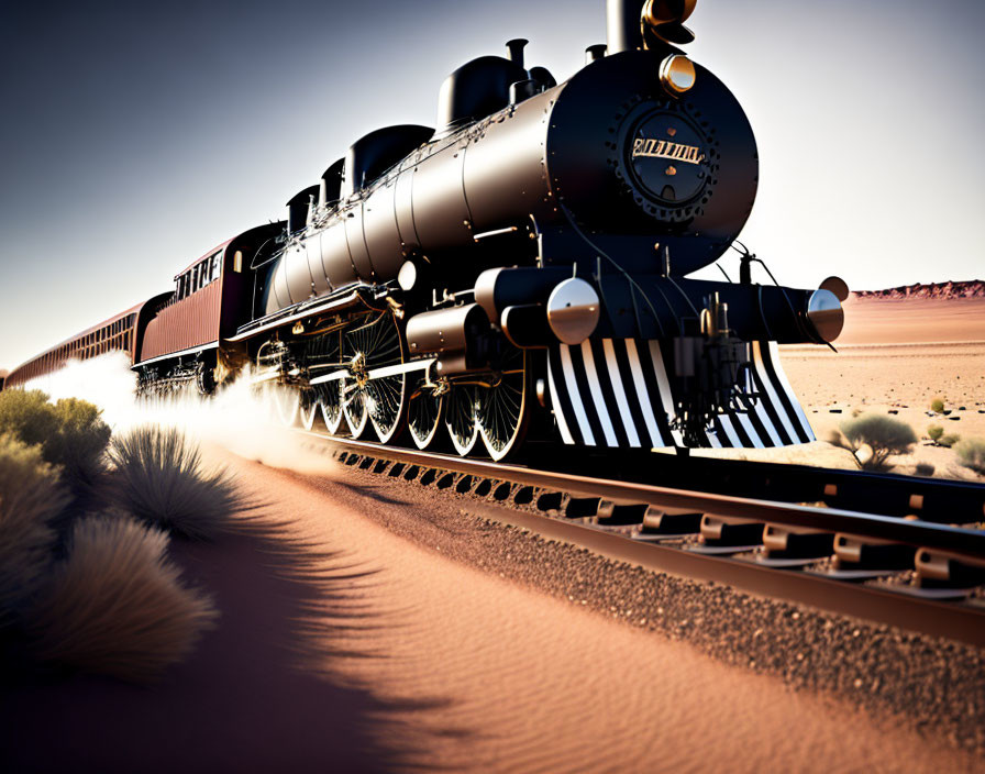 Vintage black steam locomotive in desert landscape with clear sky