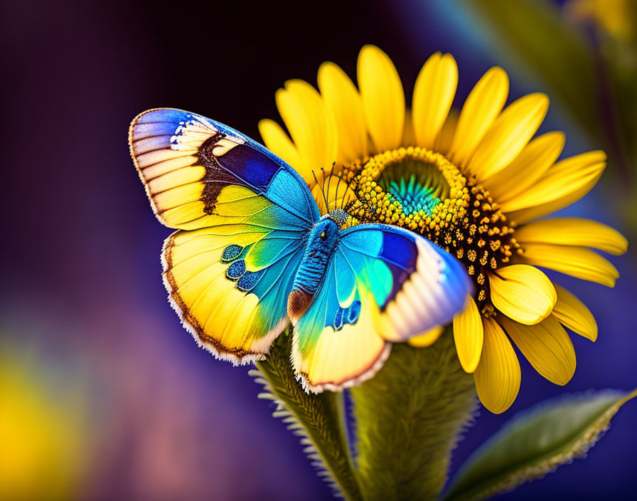 Colorful butterfly on yellow sunflower with purple background