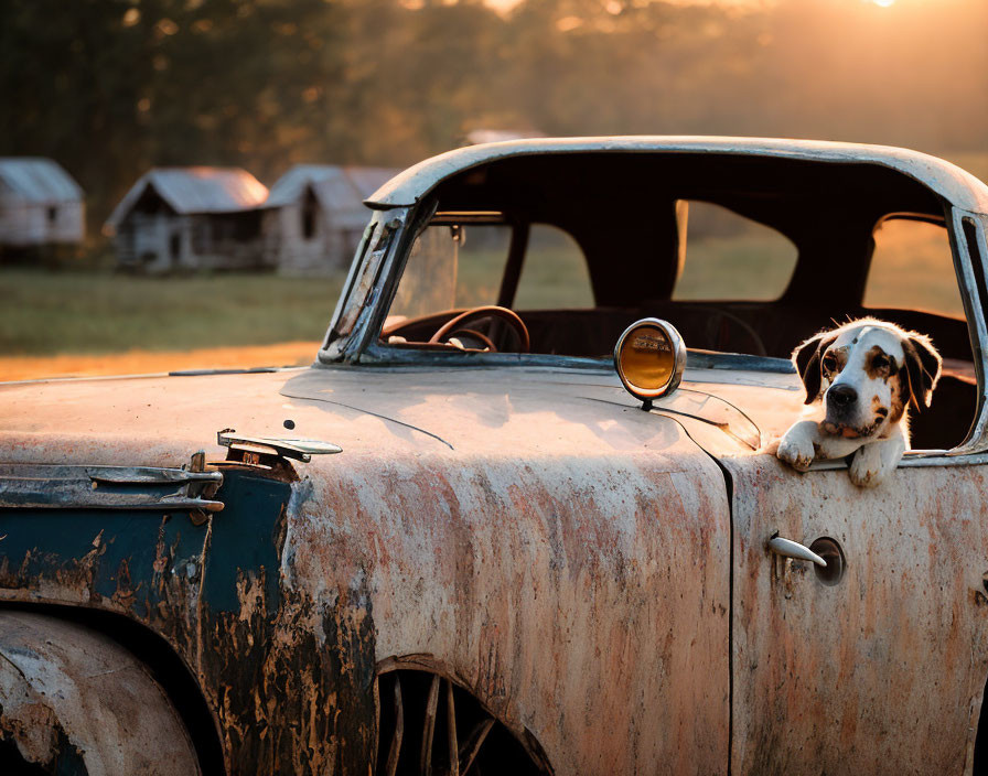 Dog in vintage car window at sunset with old buildings