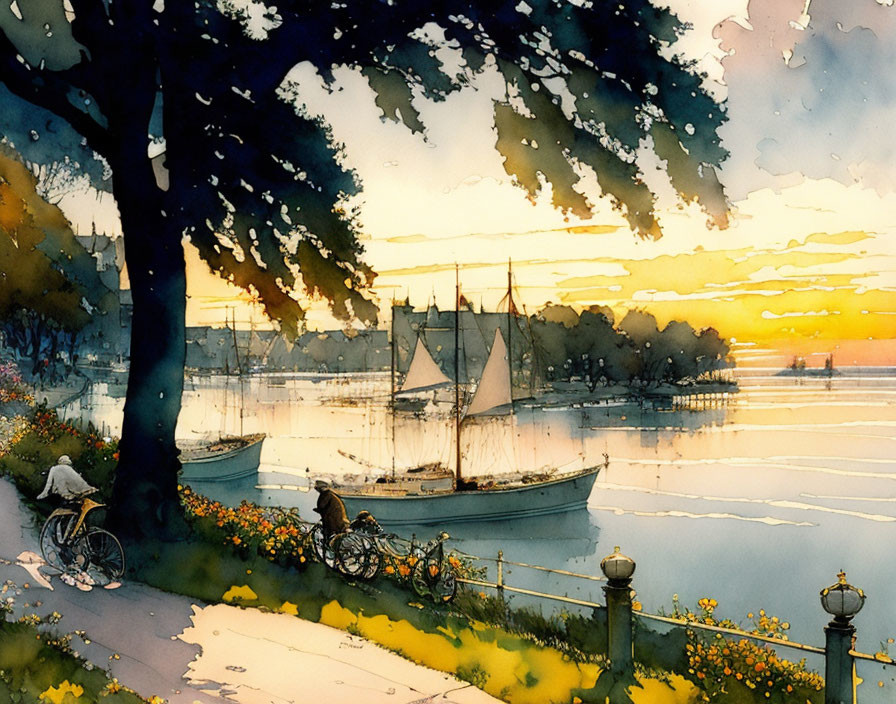 Serene Watercolor Sunset Scene with Dock, Boats, Trees, and Person