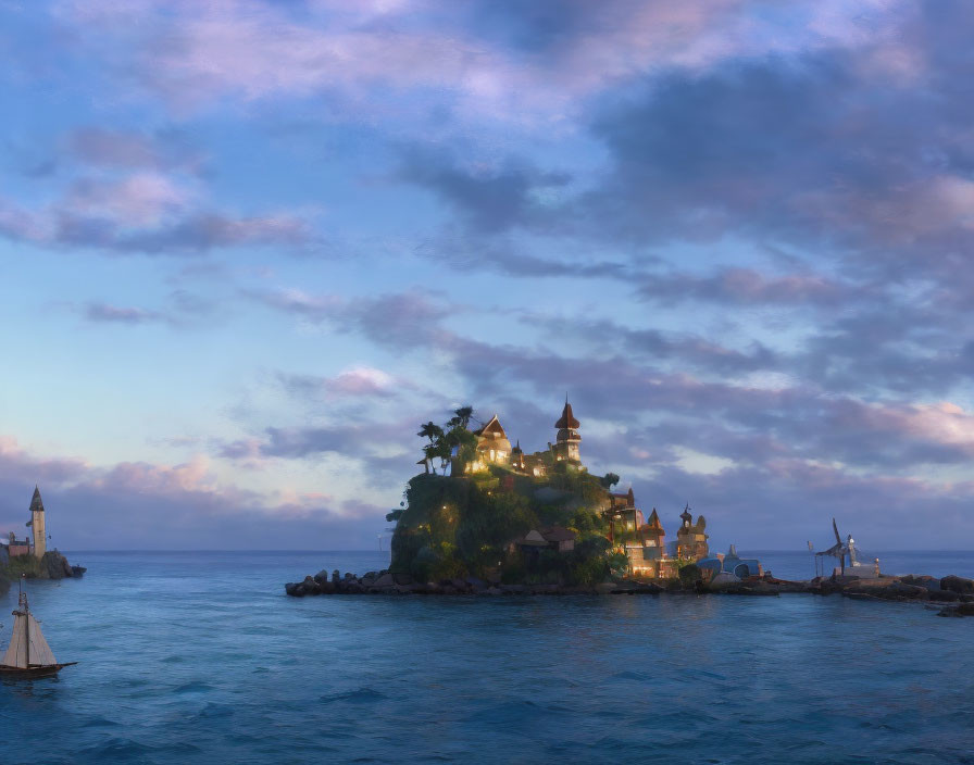 Tranquil seascape with small island, lush greenery, and castle-like building at sunrise or