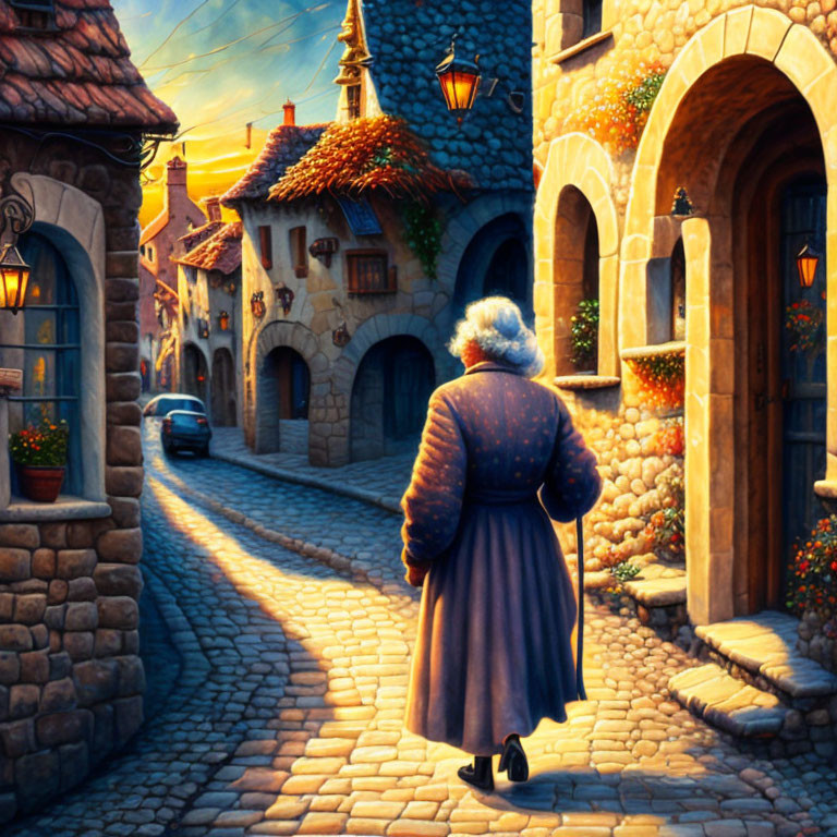 Elderly person walking on cobblestone street at dusk