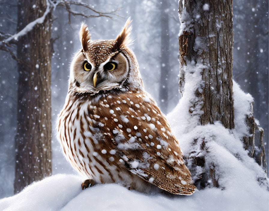 Snowy forest scene: Owl on mound with snowflakes.