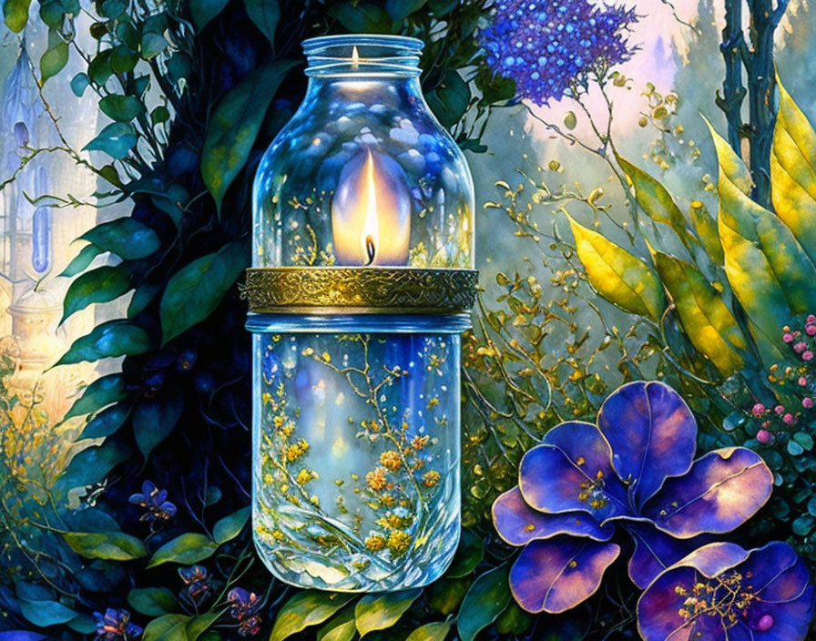 Candle glowing in glass jar surrounded by foliage and castle hint