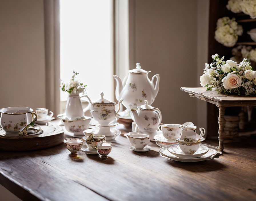 Tea set on wooden table with flowers by window