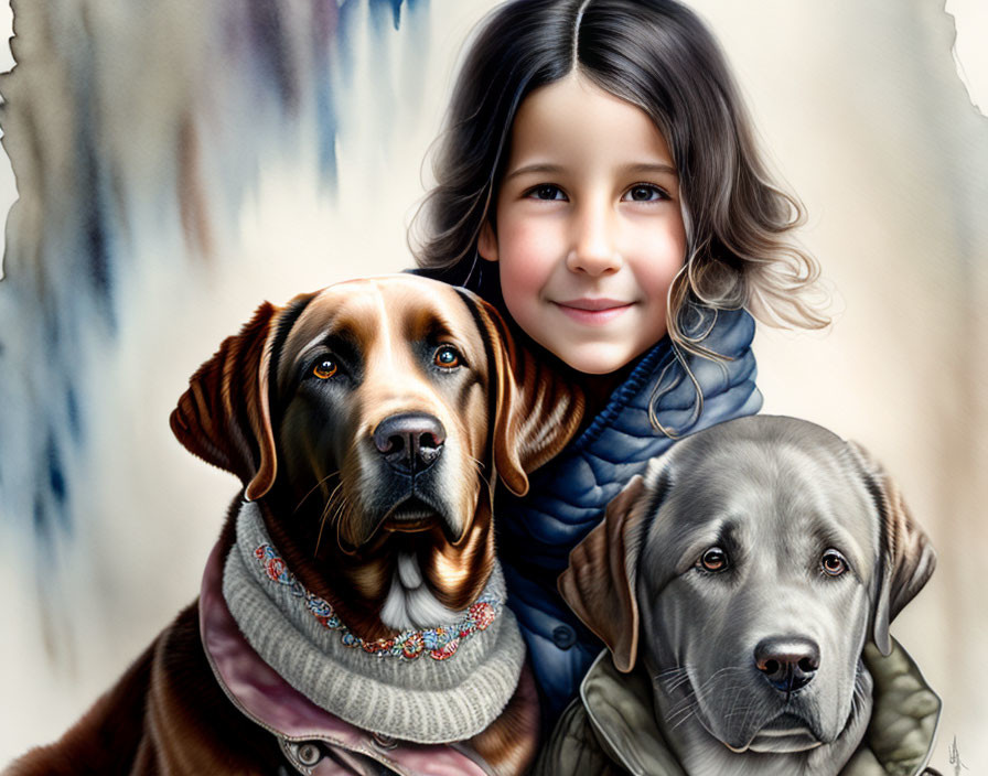 Smiling girl with brown and grey dogs in realistic painting style