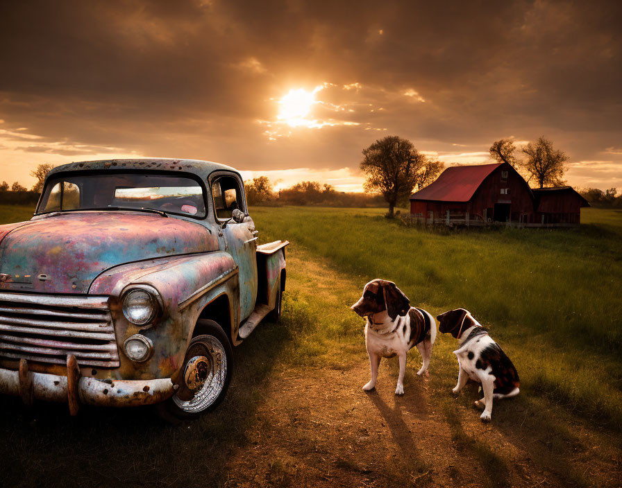 Rustic sunset with vintage truck, dogs, and red barn scene