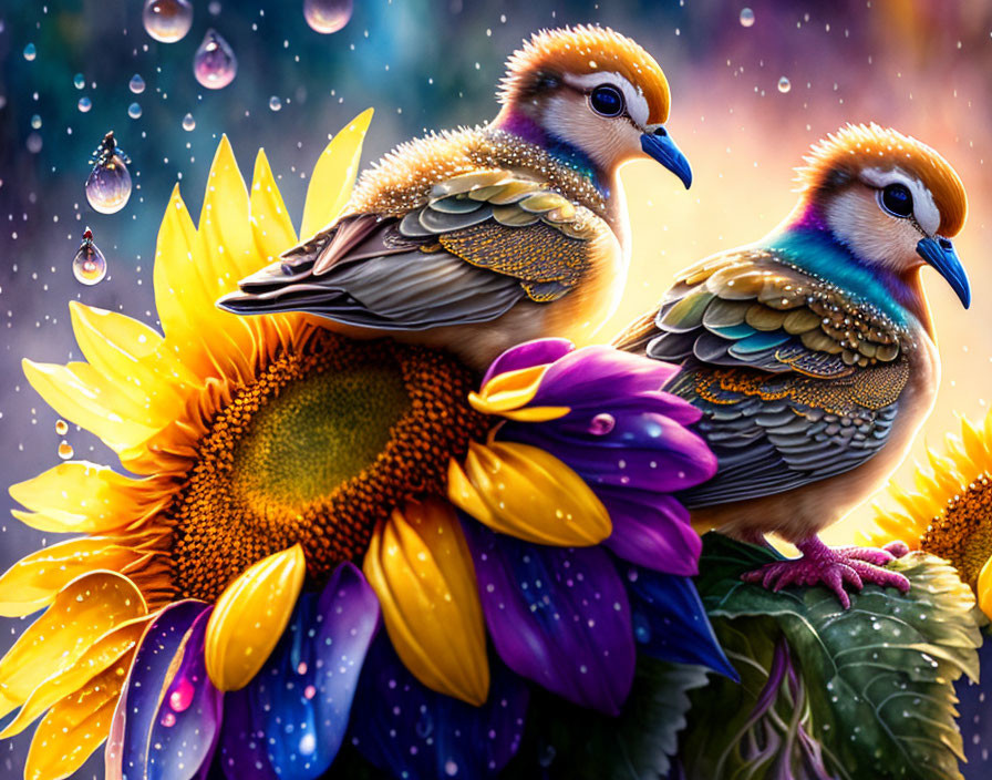 Colorful Birds Perched on Sunflower with Raindrop Backdrop