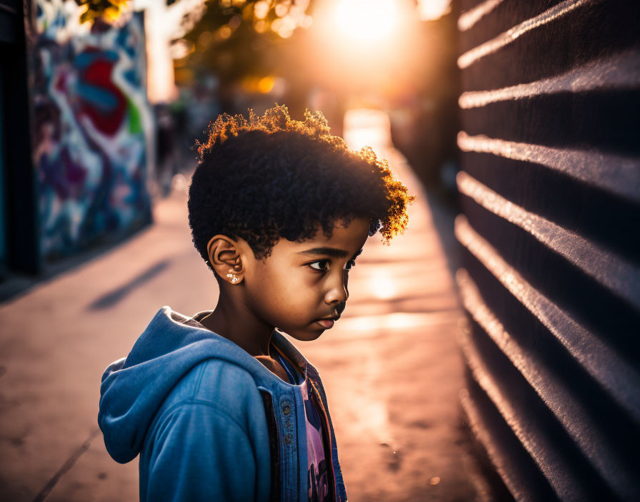 Curly-Haired Child on Urban Street with Graffiti Wall