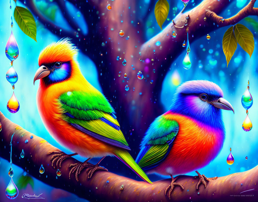 Colorful digital art featuring two stylized birds on a branch with water droplets and leaves.