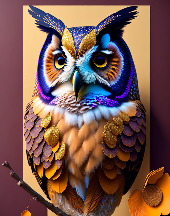 Colorful Owl Illustration with Detailed Patterns on Branch