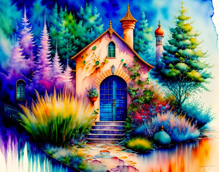 Whimsical cottage in vibrant watercolor landscape