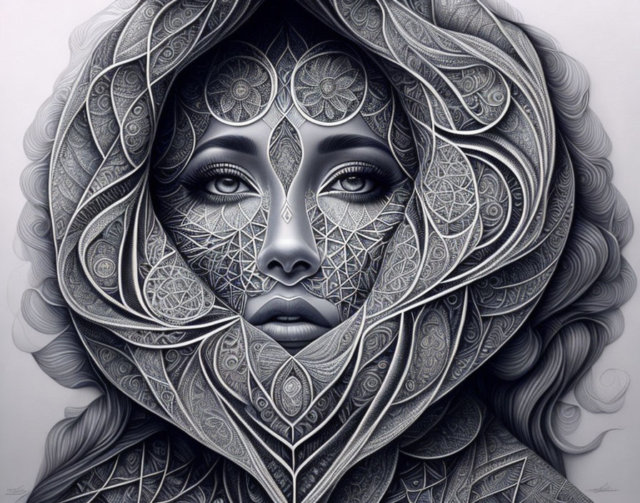 Intricately patterned monochromatic illustration of a woman with decorative head covering and mesmerizing