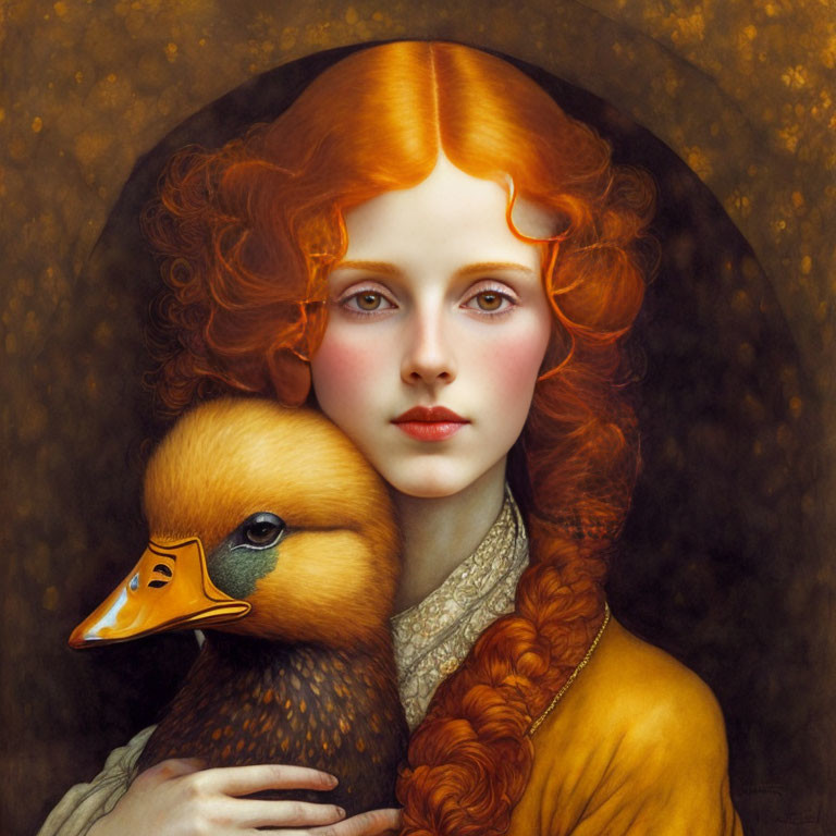 Red-haired woman tenderly holding a duck against dark ornate background