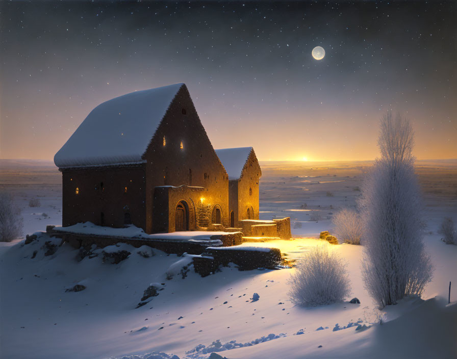 Snow-covered brick house glowing at twilight under starry sky