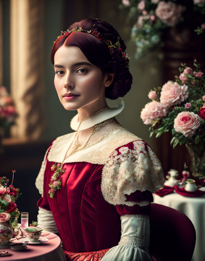 Historical woman in red dress with lace collar sitting at table with flowers.