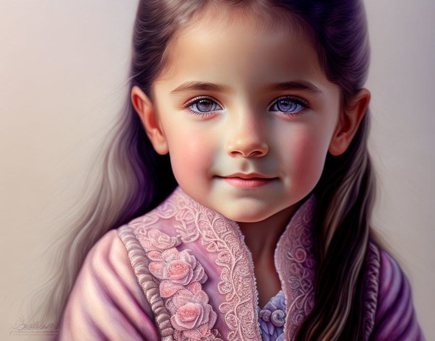 Young girl digital portrait with big blue eyes and pink jacket.