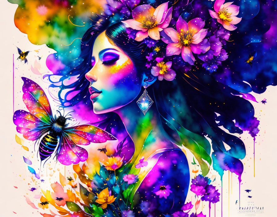 Colorful Artwork of Woman with Floral and Cosmic Elements