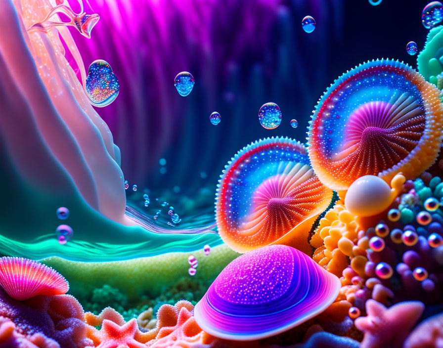 Vibrant abstract underwater scene with fantasy sea creatures and corals