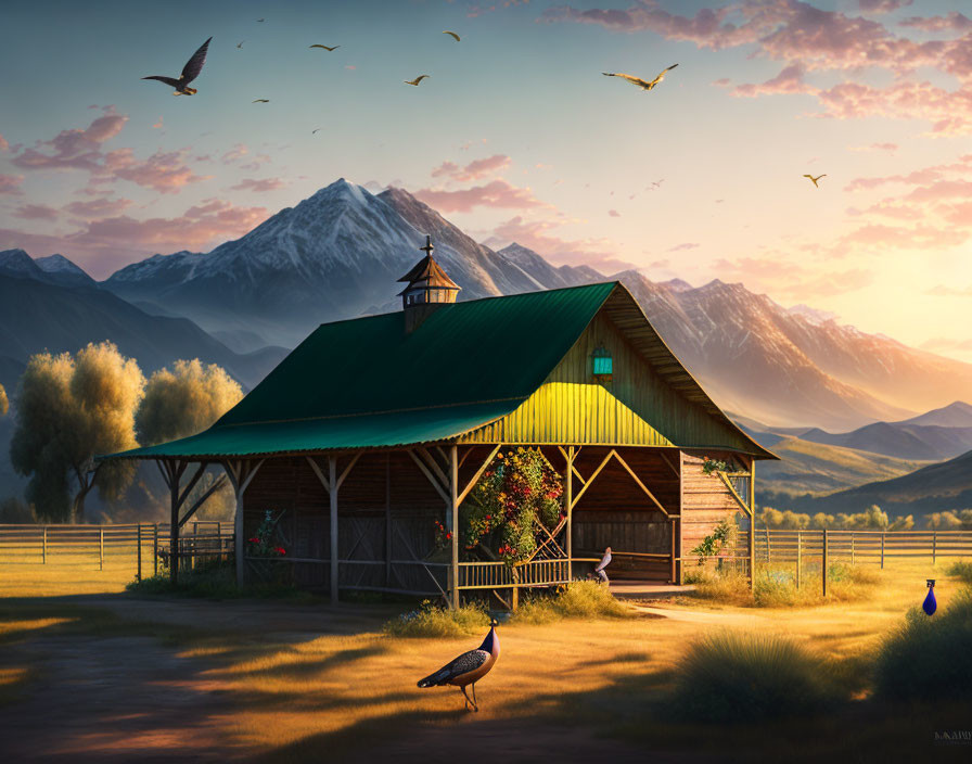 Rustic barn, peacocks, birds, mountains in warm sunrise light