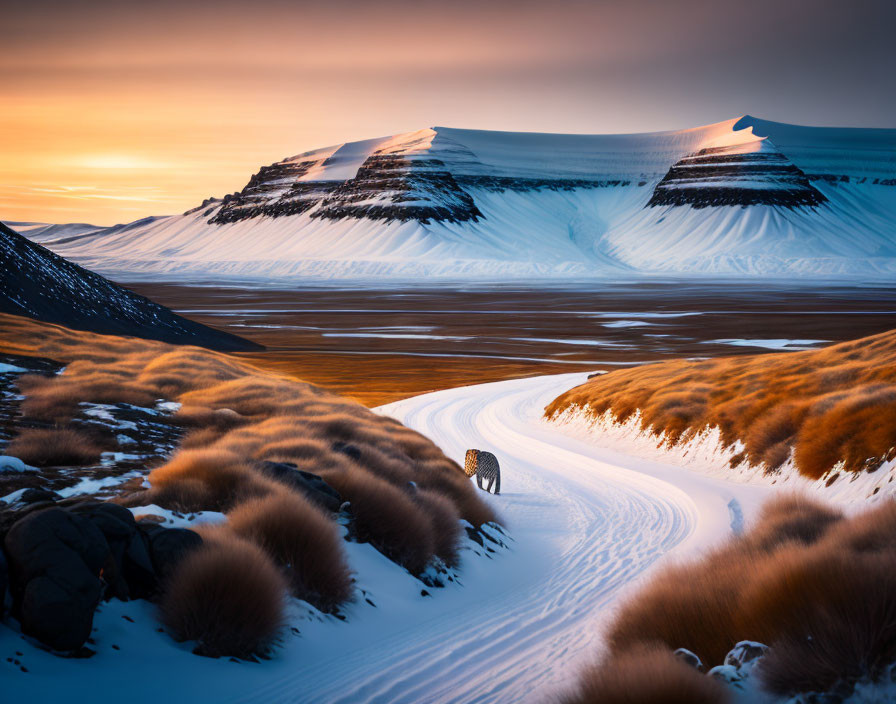 Snowy road winding through golden grassy landscape with snow-capped mountains under warm sunset sky