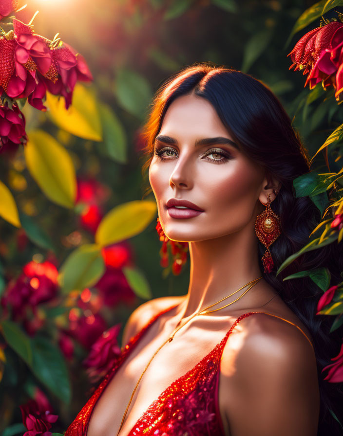 Dark-haired woman in red dress with bold makeup among vibrant flowers