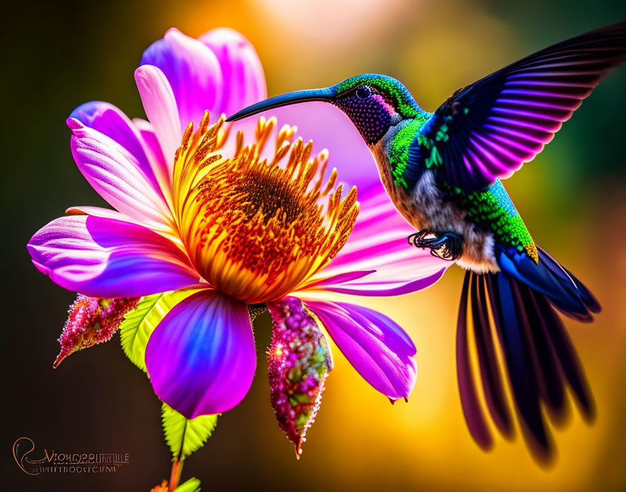 Colorful hummingbird feeding on daisy in vibrant scene