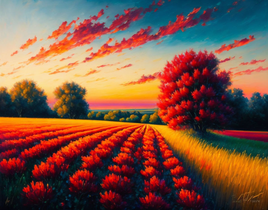 Colorful landscape painting with red flowers, trees, and dramatic sunset sky