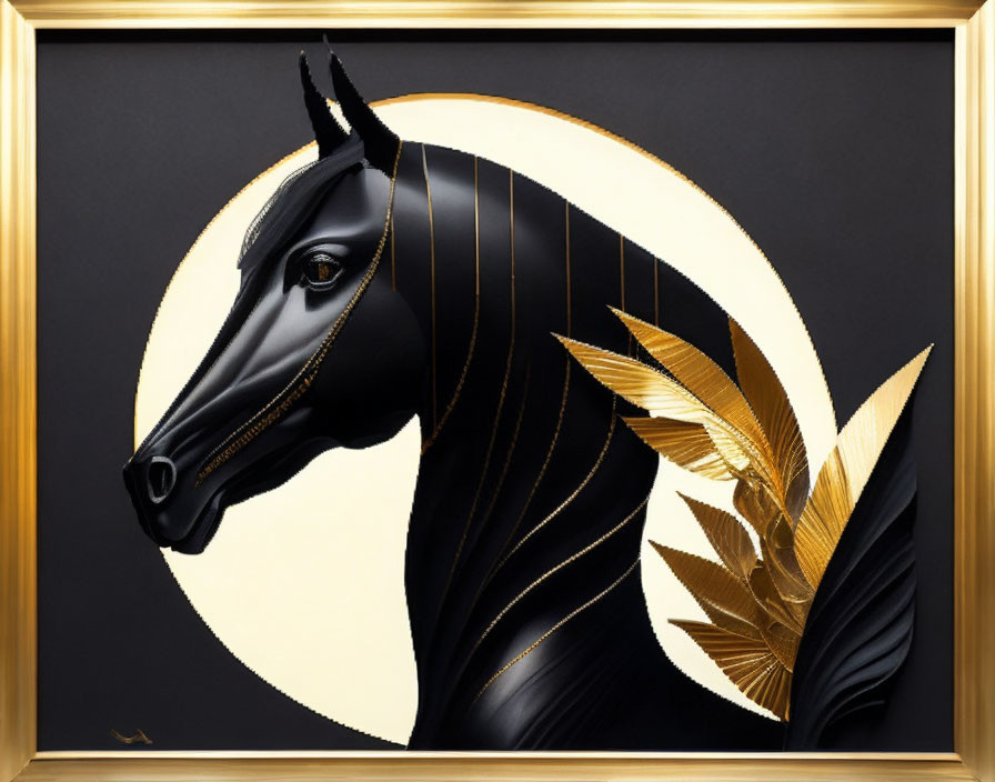 Black horse with golden accents and feathered wings in circular frame on dark background.