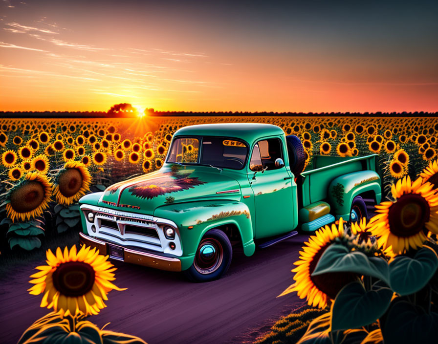 Vintage Teal Pickup Truck in Sunflower Field at Sunset