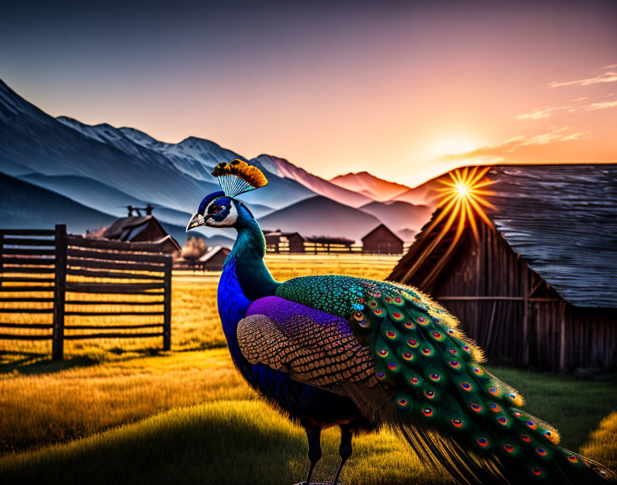 Colorful peacock against sunrise backdrop on rustic farm with mountains