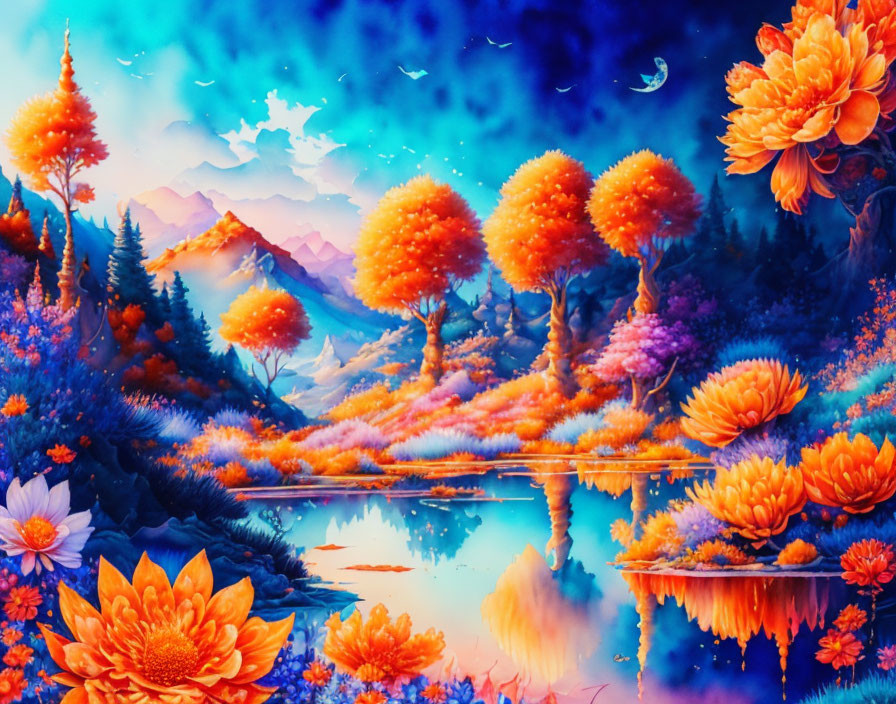 Fantasy landscape with orange floral trees, mountains, lake, starry sky.