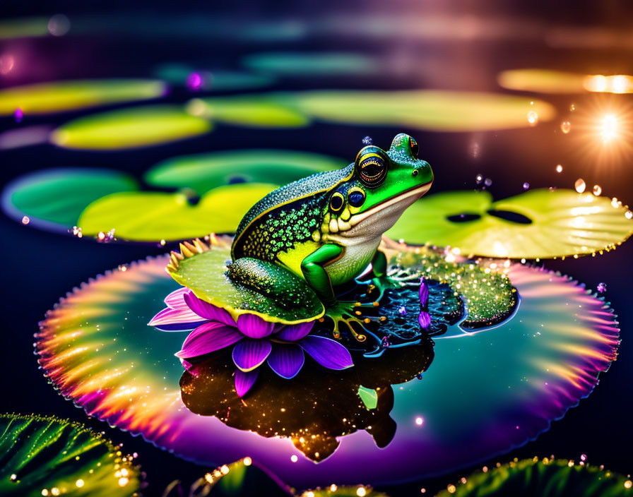 Colorful Frog on Lily Pad with Purple Flowers in Dark Water Scene