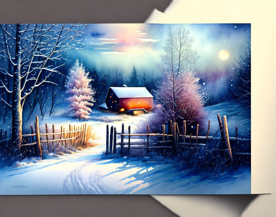 Snowy Winter Cottage Scene with Moonlit Night Sky