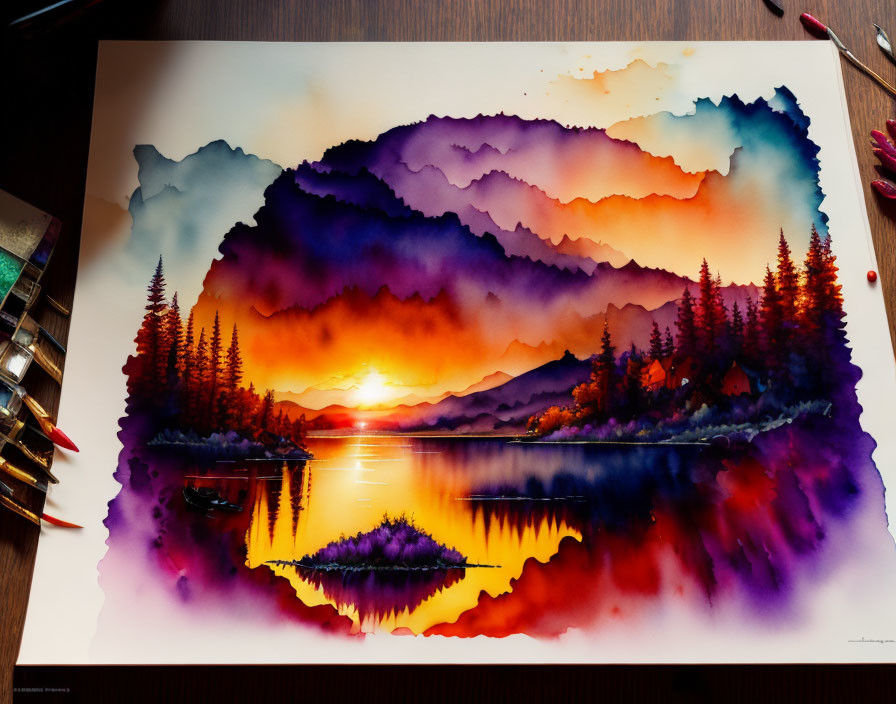 Vibrant watercolor painting: Sunset over mountain lake, reflections, forest, boat