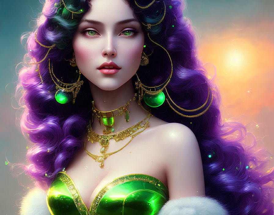 Fantastical woman with purple hair and green eyes in digital art