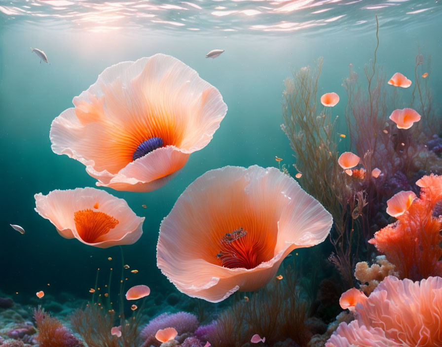 Underwater scene: Large sea anemones, coral, and marine plants in soft sunlight