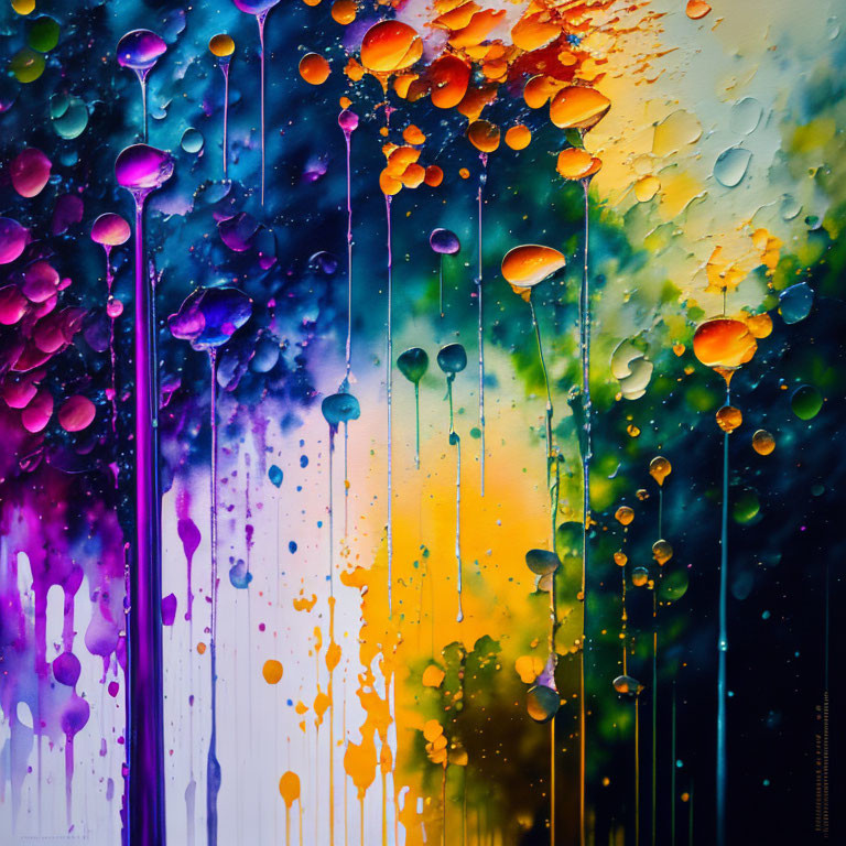 Vibrant abstract art: colorful dripping paint on rainbow background