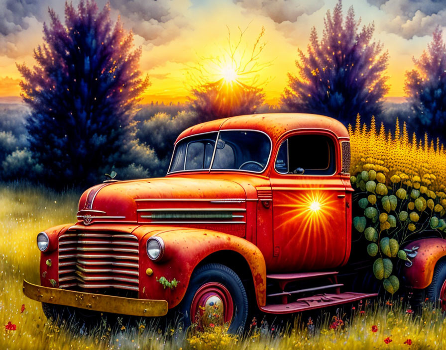 Vintage Red Pickup Truck in Vibrant Sunflower Field at Sunset