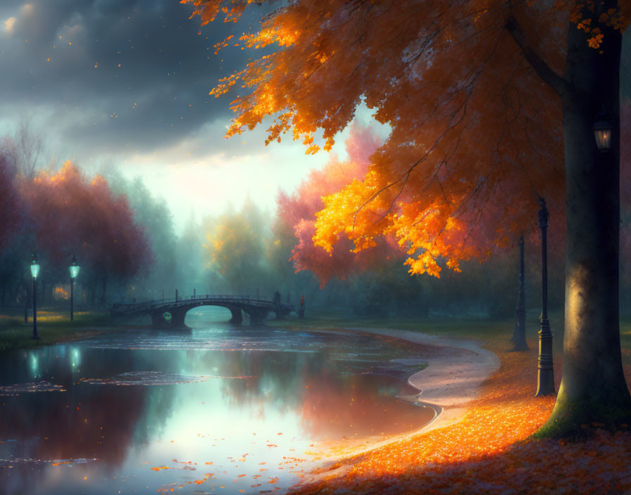 Tranquil autumn park at dusk with orange leaves, reflective pond, misty bridge, glowing street