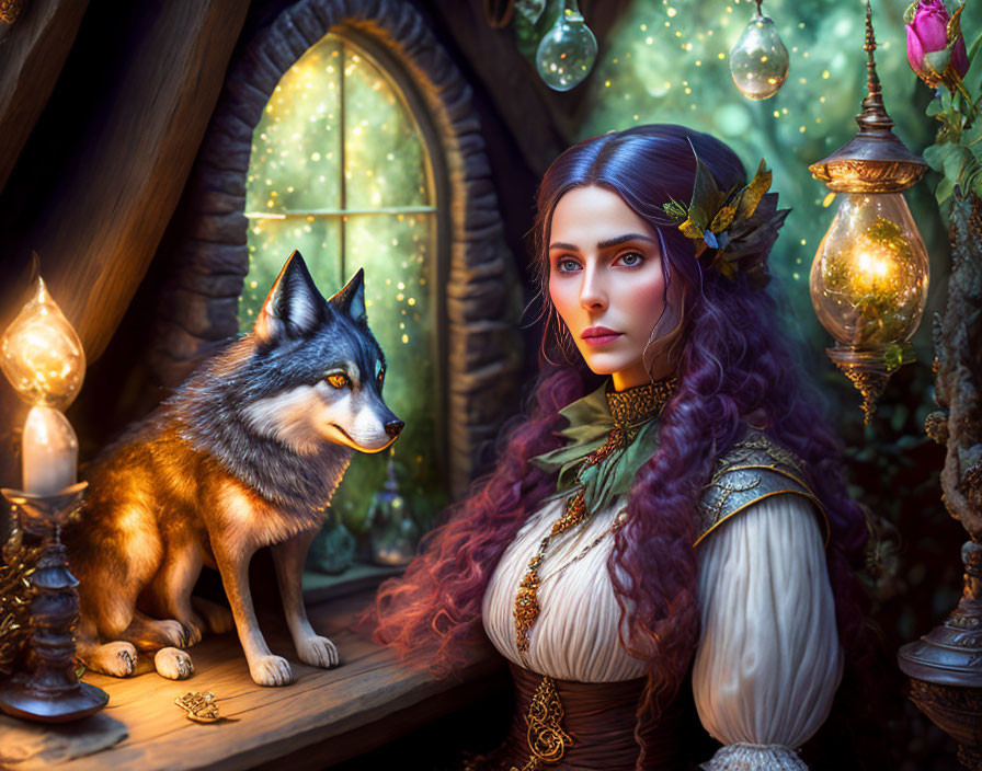 Woman with leaf crown and dog in magical candle-lit room