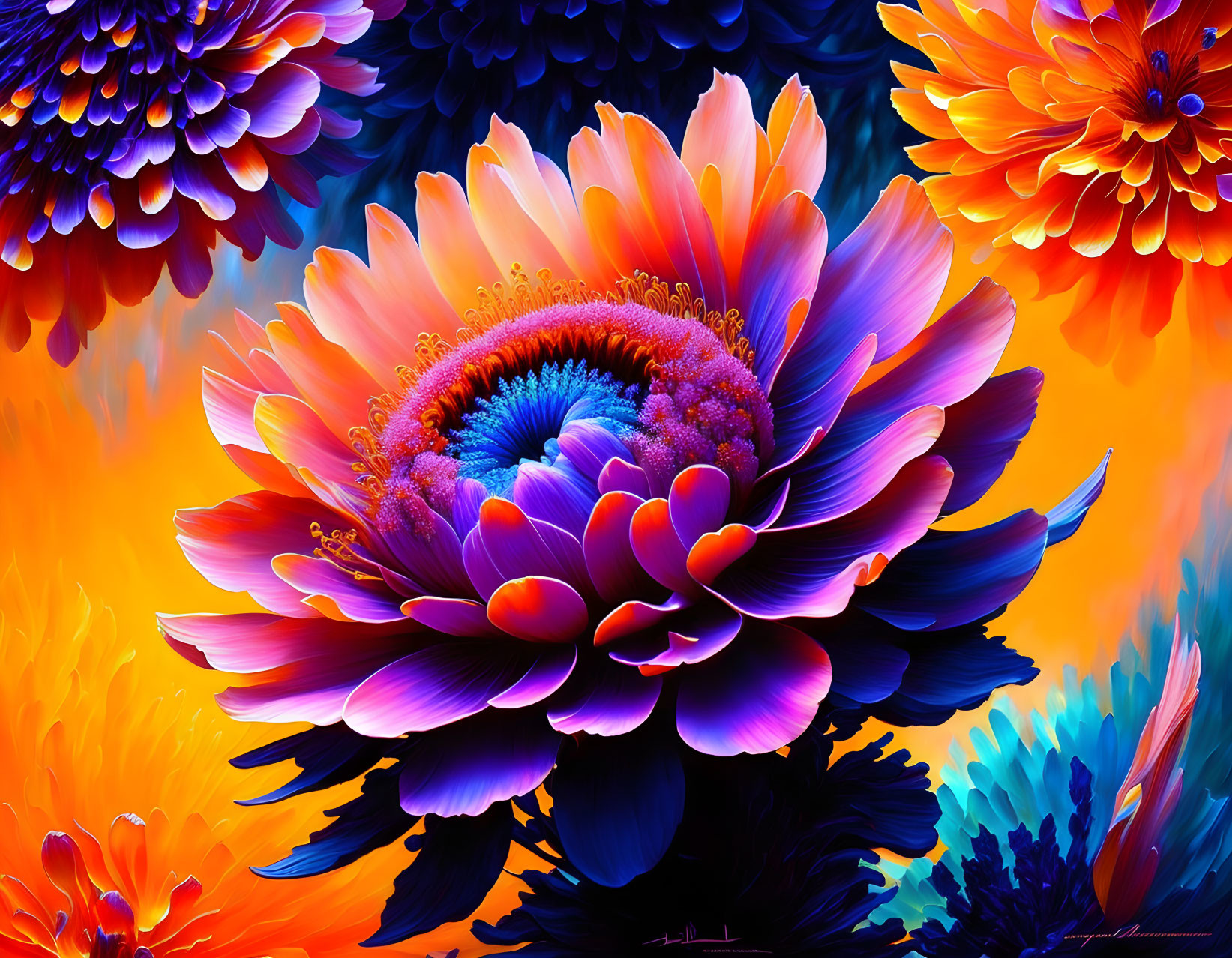 Colorful digital artwork: stylized multicolored flowers on fiery orange backdrop