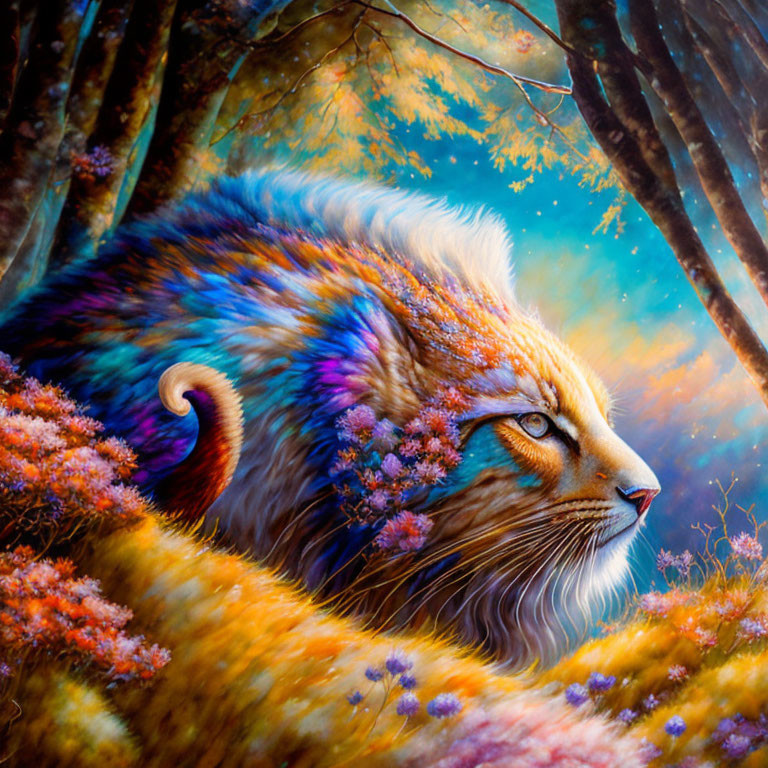 Colorful Fantastical Feline with Multicolored Mane in Magical Forest