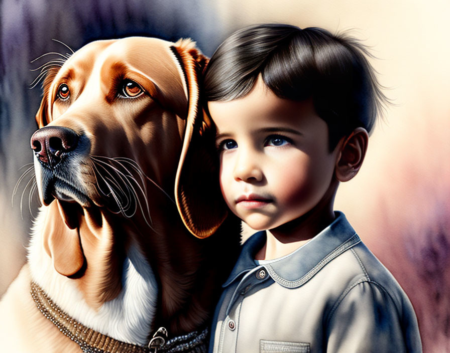 Young child with dark hair and golden-brown dog in colorful portrait