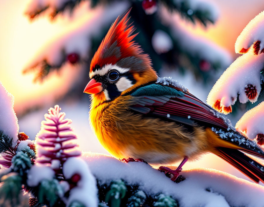 Colorful bird with red crest on snowy branch at sunrise