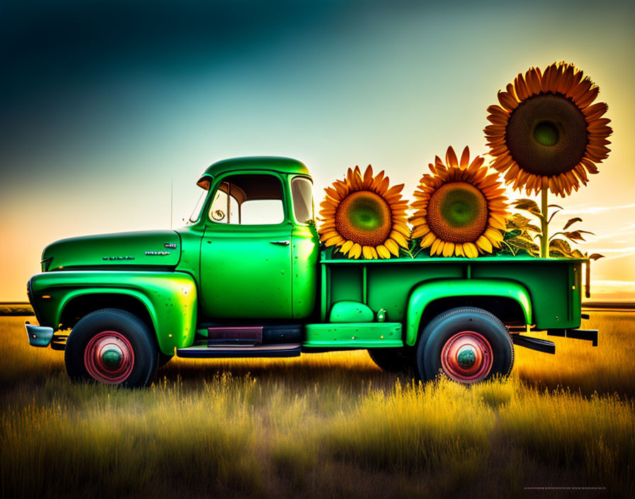 Vintage green pickup truck with sunflowers in field at sunset