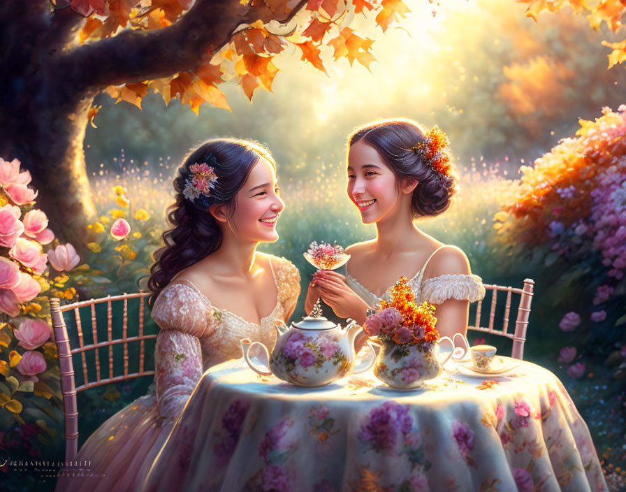 Two women enjoying a tea party in a serene garden setting